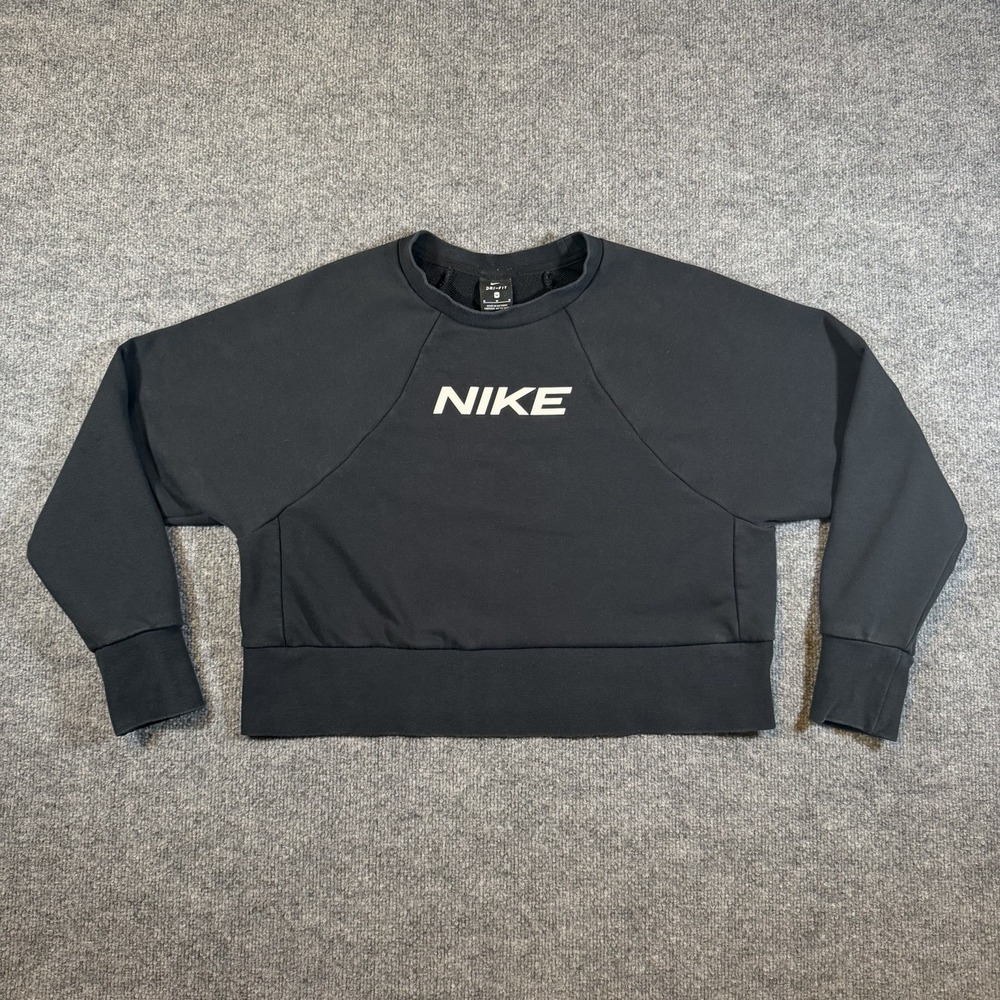 Nike Womens M Essential Crew Cropped Dri-FIT Pullover Black Sweatshirt
